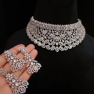 Gold Cubic Zirconia Diamond Bridal Necklace Set - Indian Wedding Choker Jewelry Set - Choker Tikka & Earring Set - American Diamond