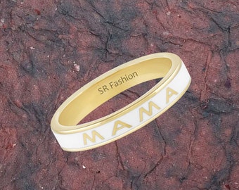 MAMA 4mm breiter weißer Emaille Bandring, Stapelring, Mama Ring, Muttertagsgeschenk, Ring für Mama, Muttergeschenk, Namensring - 925 Sterling Silber