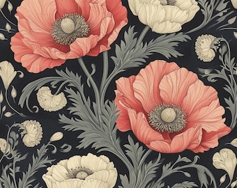 Vintage poppies in watercolor design. Seamless pattern. Digital download only