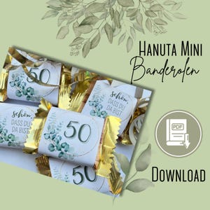May include: Gold-wrapped candies with white labels featuring the number "50" and botanical illustrations. The labels also include the text "Schön, dass du da bist." The image has a green and gold color scheme.