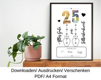 Regalo de dinero para bodas de plata, idea de regalo para las bodas de plata, regalo de última hora, plantilla DIY, PDF, descargar