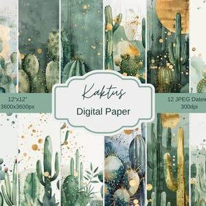 Acuarela de cactus con detalles dorados, papel digital, boda, invitación, verde salvia, álbum de recortes, papel, diario