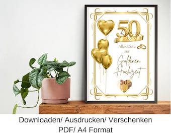 Golden wedding anniversary cash gift, gift idea for a golden wedding anniversary, last minute gift, DIY template, PDF, download