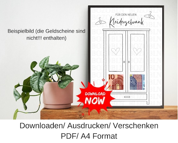 Geldgeschenk Kleiderschrank Möbel Umzug Einweihung Zuhause Gutschein, Geschenkidee, Last Minute Geschenk, DIY Vorlage, PDF, Download