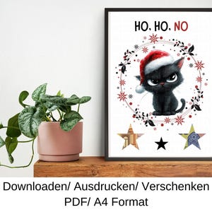 Könnte beinhalten: Gerahmter Druck mit einer schwarzen Katze mit Weihnachtsmütze und dem Text "HO. HO. NO". Die Katze ist von einem Kranz und Schneeflocken umgeben. Sterne sind darunter. Auf einem Holzregal, neben einer Topfpflanze.