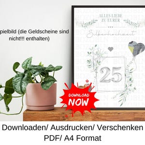 Silver wedding anniversary cash gift, 25 years, gift idea for a silver wedding anniversary, last minute gift, DIY template, PDF, download