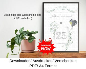 Regalo en efectivo para bodas de plata, 25 años, idea de regalo para bodas de plata, regalo de última hora, plantilla DIY, PDF, descarga