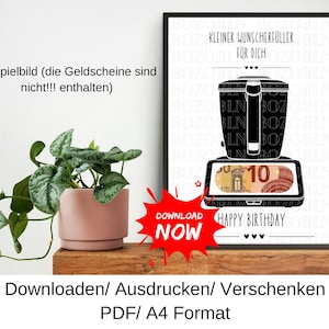 Może przedstawiać: Czarno-biały oprawiony wydruk z napisem "KLEINER WUNSCHERFÜLLER FÜR DICH" i grafiką maszyny wypełnionej pieniędzmi. Wydruk zawiera również tekst "HAPPY BIRTHDAY" i "DOWNLOAD NOW". Po lewej stronie znajduje się roślina doniczkowa.