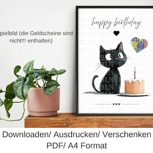 Cash gift birthday cat gift idea for birthday, last minute birthday present, DIY template, PDF, download