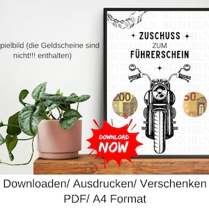 Geld cadeau, motorrijbewijs voucher, verjaardagscadeau idee, last minute verjaardagscadeau, DIY sjabloon, PDF, downloaden