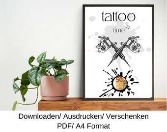 Tattoo voucher, birthday gift idea, cash gift, last minute birthday gift, DIY template, PDF, download