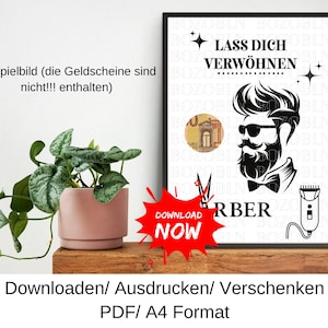 Pode incluir: Uma impressão em preto e branco de uma barbearia com o texto "Lass Dich Verwöhnen" e uma ilustração estilizada de barbeiro. Um gráfico vermelho "Download Now" está em primeiro plano. Uma planta em vaso está à esquerda.