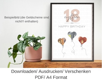 May include: A framed birthday print with the number 18 and the word "eighteen" in a stylish font. The print features three heart-shaped balloons with currency designs and the text "HAPPY BIRTHDAY". The print is displayed on a wooden shelf.