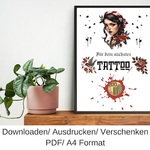 Vale de tatuaje, diseño de la vieja escuela, idea de regalo de cumpleaños, regalo de dinero, regalo de cumpleaños de última hora, plantilla DIY, PDF, descargar