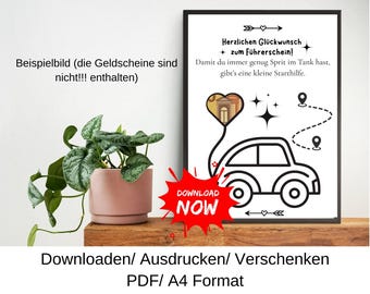 Regalo en efectivo por aprobar el carnet de conducir, vale para gasolina, idea de regalo, regalo de cumpleaños de última hora, plantilla DIY, PDF, descarga