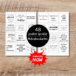 Könnte beinhalten: Ein Set von 48 Motivationskarten mit positiven Sprüchen auf Deutsch. Die Karten sind weiß mit schwarzem Text. Das Bild enthält eine rote Grafik mit "Download Now".