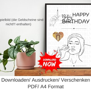 Könnte beinhalten: Ein schwarz gerahmter Druck mit den Worten "Botox Happy Birthday" und einer Illustration einer Frau, die eine Injektion erhält. Der Druck zeigt auch ein herzförmiges Bild einer Banknote und die Worte "Download Now". Links steht eine Topfpflanze.