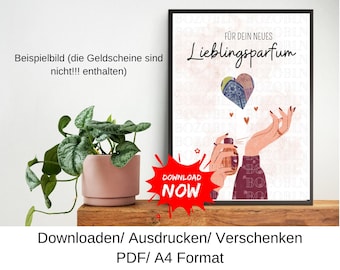 May include: A framed art print with the text "Für dein neues Lieblingsparfum" and an illustration of a perfume bottle and hands. A red starburst graphic says "Download Now". A potted plant sits to the left.