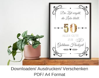 Golden wedding anniversary cash gift, gift idea for a golden wedding anniversary, last minute gift, DIY template, PDF, download