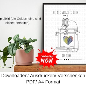 Może przedstawiać: Oprawiony wydruk z czarną obwódką przedstawia rysunek linii drukarki 3D z motywem w kształcie serca. Wydruk zawiera niemiecki tekst i czerwoną grafikę "DOWNLOAD NOW". Roślina doniczkowa znajduje się po lewej stronie.