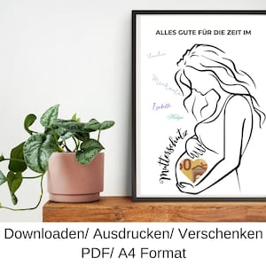 Op de afbeelding: Een zwart-witte lijntekening van een zwangere vrouw met een eurobiljet in haar buik. De tekst "ALLES GUTE FÜR DIE ZEIT IM" staat bovenaan de afbeelding. De tekst "Mutterschutz" is schuin over de afbeelding geschreven. De afbeelding is ingelijst in een zwart frame.