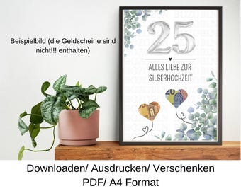 Regalo en efectivo para bodas de plata, idea de regalo para bodas de plata, regalo de último minuto, plantilla DIY, PDF, descarga