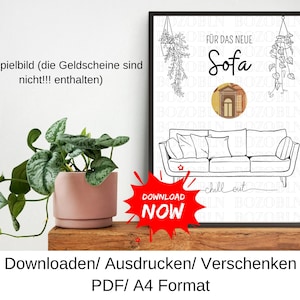 Könnte beinhalten: Ein gerahmter Schwarz-Weiß-Druck mit dem Text "FÜR DAS NEUE Sofa" und einer Sofa-Illustration. Ein rotes Stern-Grafik sagt "DOWNLOAD NOW". Eine Topfpflanze in einem rosa Topf steht auf einem Holzregal.