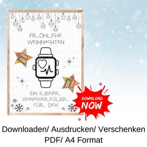 Cash gift smartwatch, fitness tracker voucher, Christmas gift idea, last minute gift, DIY template, PDF, download