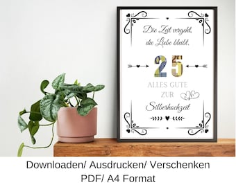 Regalo en efectivo para bodas de plata, idea de regalo para bodas de plata, regalo de último minuto, plantilla DIY, PDF, descarga