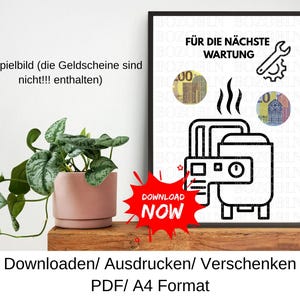 Könnte beinhalten: Ein gerahmter Schwarz-Weiß-Druck mit dem Text "FÜR DIE NÄCHSTE WARTUNG" und einer Grafik einer Maschine. Ein rotes Stern-Grafik sagt "DOWNLOAD NOW". Eine Topfpflanze befindet sich links.