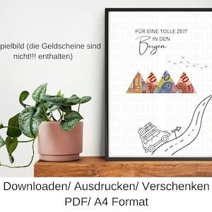 Geld cadeau reizen wandelen bergen vanlife, verjaardagscadeau idee, last minute verjaardagscadeau, DIY sjabloon, PDF, downloaden