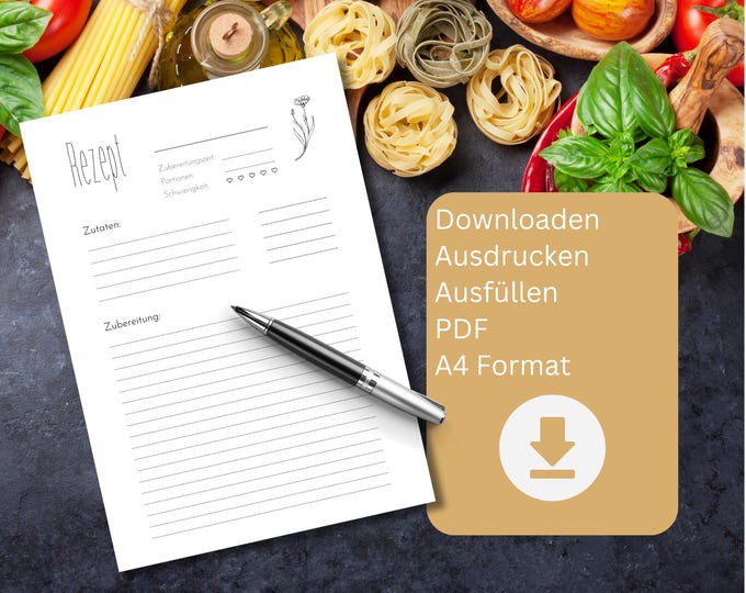 Rezeptvorlage zum Ausdrucken, Rezept DIN A4 zum Drucken, digitaler