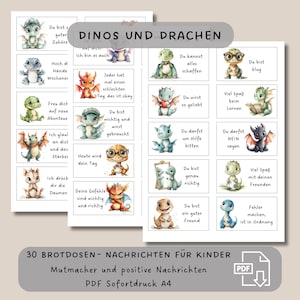 30 Brotdosen Nachrichten, Dinos und Drachen, Affirmation Kinder, Motivation Lunchbox, druckbare Mutmach Karten, Achtsamkeit, Schule PDF