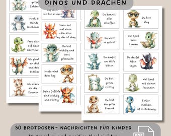 30 lunchbox messages, dinosaurs and dragons, affirmation for children, motivational lunchbox, printable encouraging cards, mindfulness, school PDF