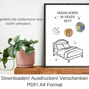 May include: A printable A4-sized PDF download of a black and white illustration of a bed with the text "Träum schön im neuen Bett" (Dream beautifully in the new bed).