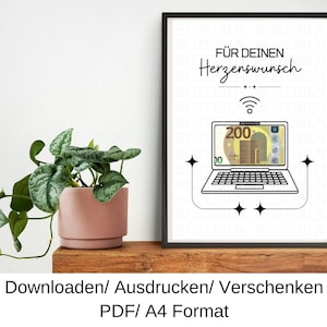 Vale de regalo de dinero para computadora portátil, idea de regalo para cumpleaños, Navidad, graduación, último minuto, plantilla de bricolaje, PDF, descargar