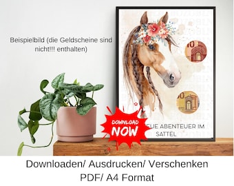 Horse riding money gift, gift idea for riders and horse lovers, last minute birthday gift, DIY template, PDF, download
