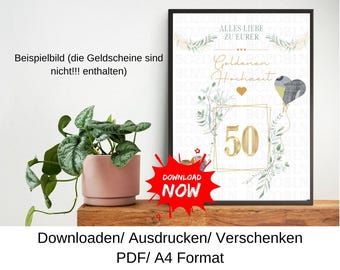 Golden wedding anniversary cash gift, gift idea for a golden wedding anniversary, last minute gift, DIY template, PDF, download