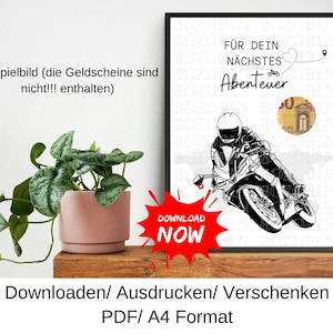 Geldgeschenk Motorrad Gutschein Reise Geschenkidee Geschenk für Motorradfahrer, Biker Spritztour Bike Last Minute, DIY Vorlage, PDF