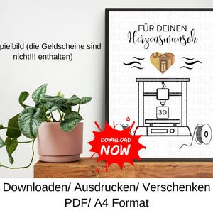 May include: A framed black and white print with the text "FÜR DEINEN Herzenswunsch" and a 3D printer graphic. A red "DOWNLOAD NOW" graphic is in the lower left. A potted plant sits to the left of the frame.