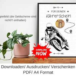 Geld cadeau, motorrijbewijs voucher, verjaardagscadeau idee, last minute verjaardagscadeau, DIY sjabloon, PDF, downloaden