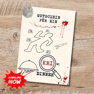 Puede incluir: Una tarjeta color crema con temática de escena del crimen. Presenta una huella dactilar, un contorno de cuerpo, un cuchillo y salpicaduras de sangre. El texto incluye "GUTSCHEIN FÜR EIN" y "KRIMI DINNER". Un gráfico rojo "DOWNLOAD NOW" está en la esquina.