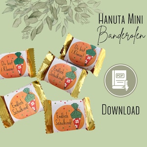 May include: Several individually wrapped candies with gold foil wrappers. Each candy has a circular label with a cartoon school cone design and German text. The image also includes the words "HANUTA MINI Banderofen" and "DOWNLOAD".