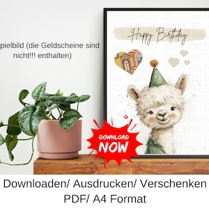 Puede incluir: Un estampado enmarcado con una llama blanca con un gorro de fiesta, las palabras "Happy Birthday" y un diseño en forma de corazón. El estampado está sobre una estantería de madera con una planta en maceta. El texto en el estampado dice "Download Now".