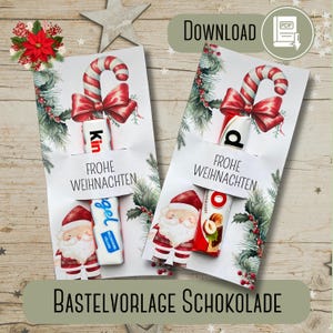 Può includere: Due modelli stampabili a tema natalizio con illustrazioni di bastoncini di zucchero e Babbo Natale. Ogni modello ha una barretta di cioccolato che spunta da una fessura, con le parole "Frohe Weihnachten" e "Download" visibili.