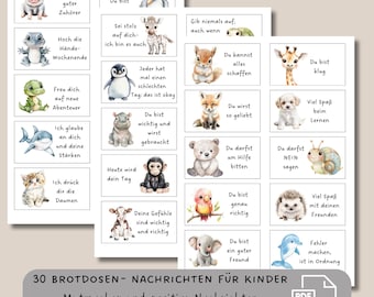 30 lunchbox messages, affirmation for children, motivational lunchbox, printable encouraging cards in German, mindfulness lunchbox for school PDF