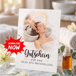 Puede incluir: Un vale de regalo para un spa que muestra a una mujer recibiendo un masaje en la cabeza. El certificado tiene la palabra "Gutschein" y "HEAD-SPA-BEHANDLUNG" impresas. Un gráfico rojo con las palabras "DOWNLOAD NOW" está en la esquina.