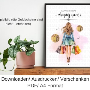 May include: A printable card with a watercolor illustration of a woman holding shopping bags. The text on the card reads "Happy Birthday + shopping queen +"