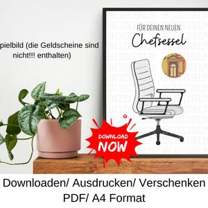 Könnte beinhalten: Ein gerahmter Druck mit den Worten "FÜR DEINEN NEUEN Chefsessel" und einer Illustration eines Bürostuhls. Eine rote "DOWNLOAD NOW" Grafik befindet sich unten rechts. Eine Topfpflanze befindet sich links.