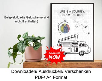 Peut inclure: Une affiche encadrée en noir et blanc avec le texte "LIFE IS A JOURNEY, ENJOY THE RIDE" et une illustration de camping-car. Un graphique rouge dit "DOWNLOAD NOW". Une plante en pot est à gauche.